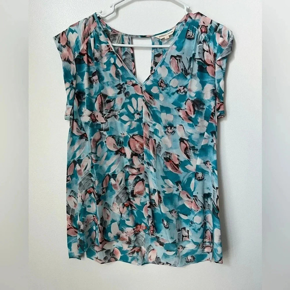 Rebecca Taylor Blue Aloha Teal Pink Floral Silk Top - Picture 1 of 5